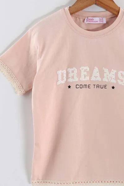 Pudra (3-10  Yaş)Dream Baskılı Tişörtlü Kot Şortlu Kız  Çocuk 2'li  Takım 457355