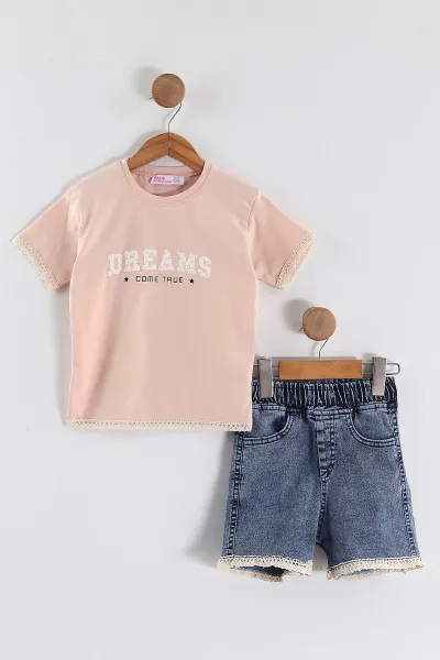 Pudra (3-10  Yaş)Dream Baskılı Tişörtlü Kot Şortlu Kız  Çocuk 2'li  Takım 457355
