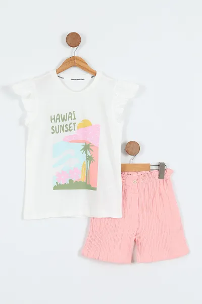 Pudra (3-10 Yaş)Hawaii Baskılı Şortlu Müslin Keten  Şortlu Kız Çocuk Takım 357323
