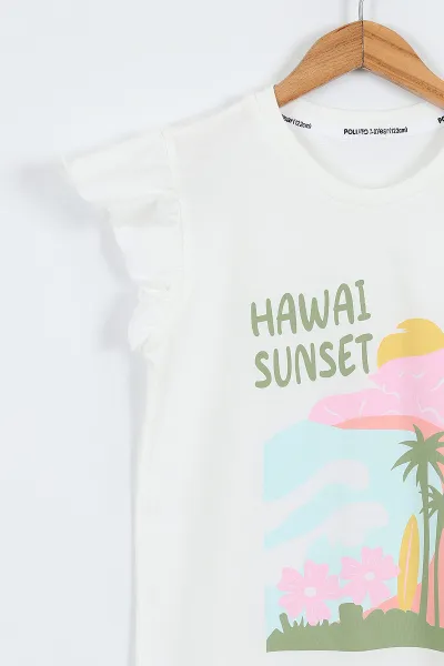 Pudra (3-10 Yaş)Hawaii Baskılı Şortlu Müslin Keten  Şortlu Kız Çocuk Takım 357323