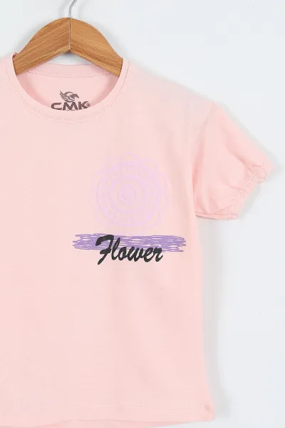 Pudra (3-12 Yaş) Flower Baskılı Kol Lastikli Kız Çocuk Tişört 354290