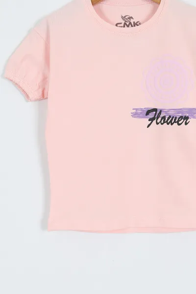 Pudra (3-12 Yaş) Flower Baskılı Kol Lastikli Kız Çocuk Tişört 354290