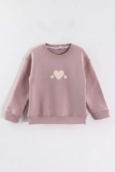 Pudra (3-12 Yaş) Kalp Baskılı 3 İp Şardonlu Kız Çocuk Sweatshirt 473981