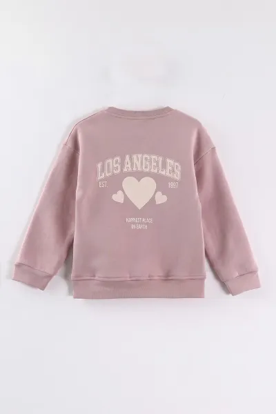 Pudra (3-12 Yaş) Kalp Baskılı 3 İp Şardonlu Kız Çocuk Sweatshirt 473981