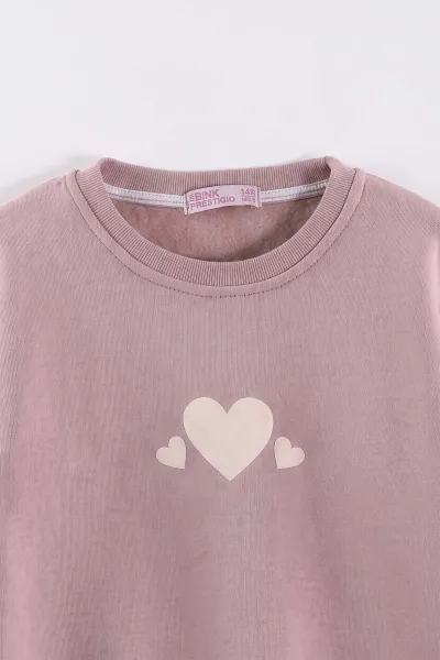 Pudra (3-12 Yaş) Kalp Baskılı 3 İp Şardonlu Kız Çocuk Sweatshirt 473981