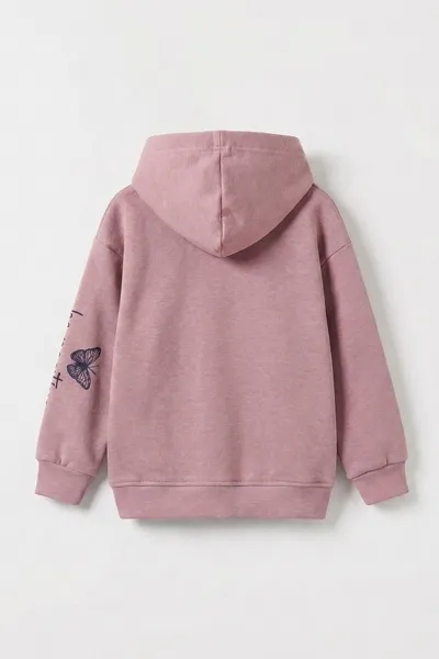 Pudra (3-12 Yaş) Kelebek Baskılı Kapüşonlu  Şardonlu 3 İp Kız Çocuk Sweatshirt 484138