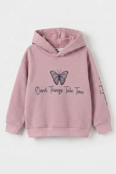 Pudra (3-12 Yaş) Kelebek Baskılı Kapüşonlu  Şardonlu 3 İp Kız Çocuk Sweatshirt 484138