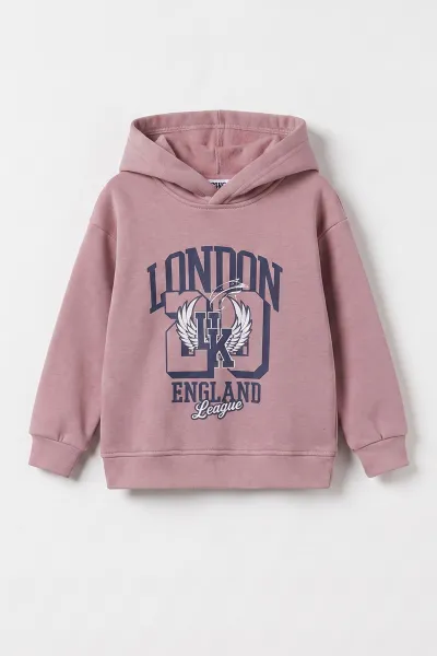 Pudra (3-12 Yaş) London Baskılı 3 İp Şardonlu Kapüşonlu Kız Çocuk Sweatshirt 473973