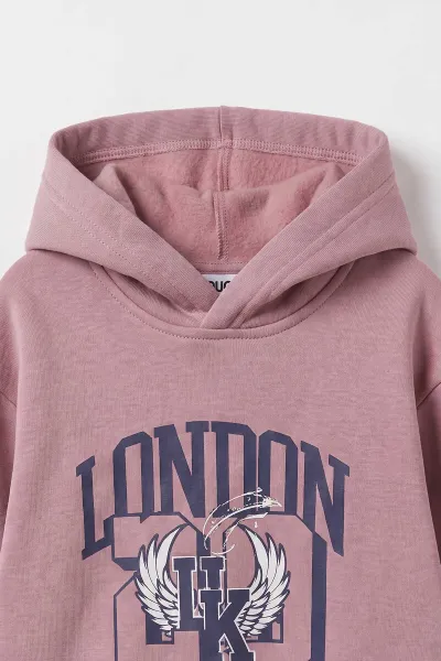 Pudra (3-12 Yaş) London Baskılı 3 İp Şardonlu Kapüşonlu Kız Çocuk Sweatshirt 473973