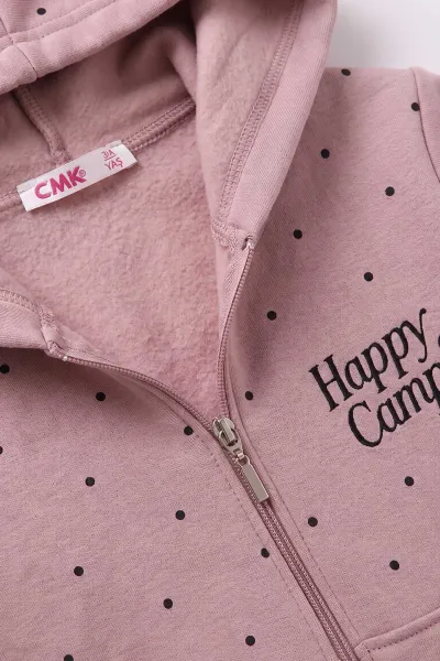 Pudra (3-12 Yaş) Noktalı Baskılı Kapüşonlu 3 İp Şardonlu Kız Çocuk Sweatshirt 483900