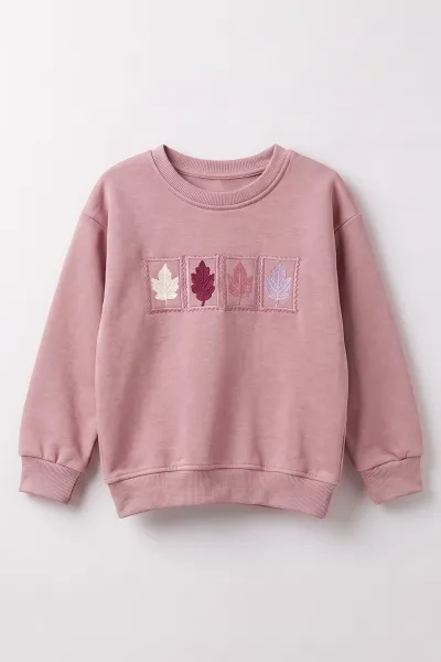 Pudra (3-12 Yaş) Yaprak Nakışlı    3 İp Şardonlu Kız Çocuk Sweatshirt 478773
