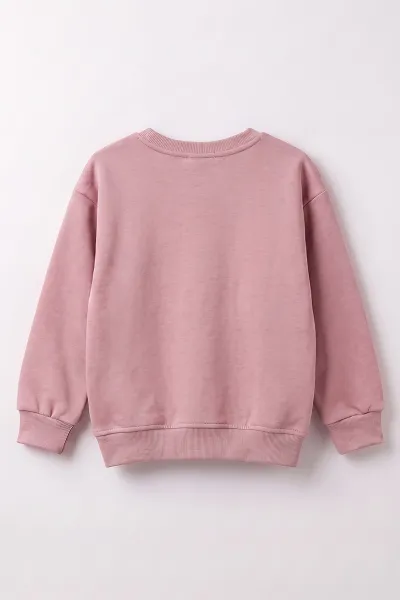 Pudra (3-12 Yaş) Yaprak Nakışlı    3 İp Şardonlu Kız Çocuk Sweatshirt 478773