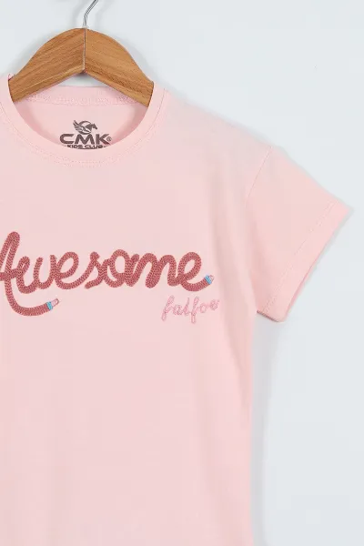 Pudra (3-12 Yaş)Awesome Nakışlı   Kız Çocuk Kısa Kol Tişört 354002