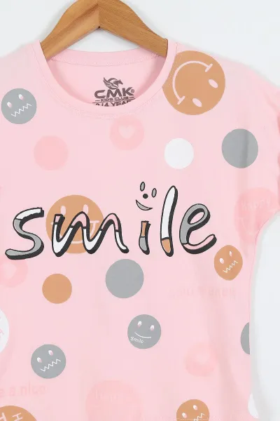 Pudra (3-12 Yaş)Smile  Baskılı  Kız Çocuk Kısa Kol Tişört 354030