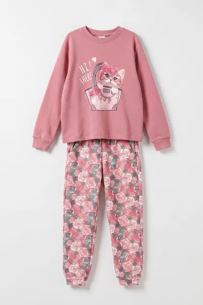 pudra-3-15-yas-kedi-baskili-ribana-kumas-kiz-cocuk-pijama-takimi-477075