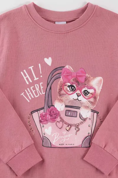 Pudra (3-15 Yaş) Kedi Baskılı Ribana Kumaş Kız Çocuk Pijama Takımı 477075