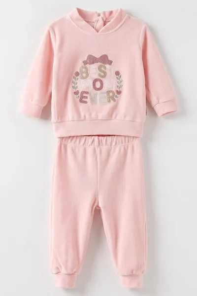 Pudra (3-18 Ay) Best Mom Ever Nakışlı Kadife Kız Bebek Takım 487631
