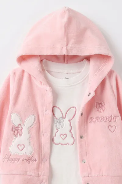 Pudra (3-18 Ay) Kapüşonlu Rabbit  Nakışlı Hırkalı  Çıtçıtlı Zıbınlı Kadife  Kız Bebek 3'lü Takım 487526
