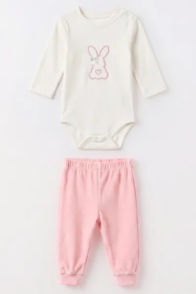 Pudra (3-18 Ay) Kapüşonlu Rabbit  Nakışlı Hırkalı  Çıtçıtlı Zıbınlı Kadife  Kız Bebek 3'lü Takım 487526