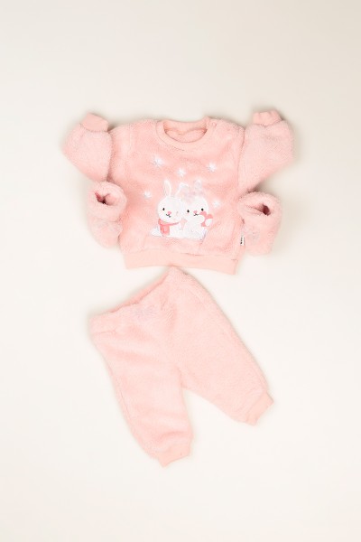 Pudra (3-24 Ay) Tavşan Nakışlı Patili Peluş Kız Çocuk Takım 81848