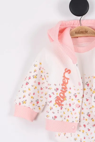 Pudra (3-9 Ay) Flowers Nakışlı Çiçek Desenli Kapüşonlu Kız Bebek Takım 279947