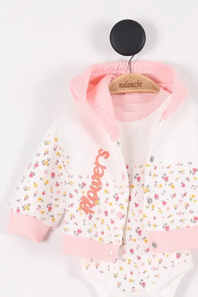 Pudra (3-9 Ay) Flowers Nakışlı Çiçek Desenli Kapüşonlu Kız Bebek Takım 279947