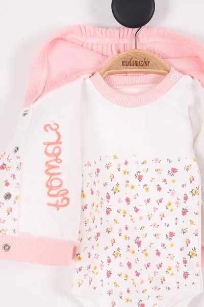 Pudra (3-9 Ay) Flowers Nakışlı Çiçek Desenli Kapüşonlu Kız Bebek Takım 279947