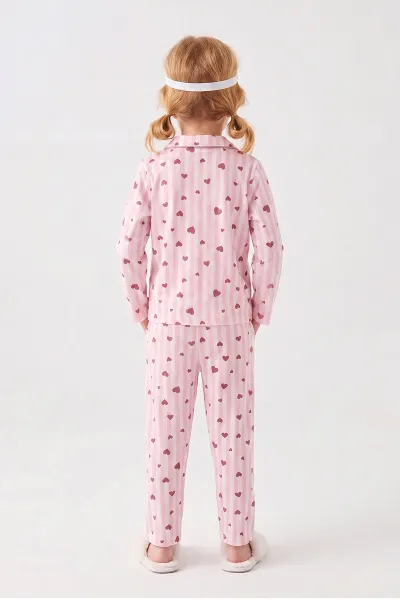 Pudra (4-12 Yaş) Desenli   Uzun Kol  Ön Düğmeli Göz Bandı Detaylı Kız Çocuk Pijama Takım 473645