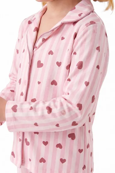 Pudra (4-12 Yaş) Desenli   Uzun Kol  Ön Düğmeli Göz Bandı Detaylı Kız Çocuk Pijama Takım 473645