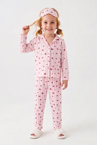 Pudra (4-12 Yaş) Desenli   Uzun Kol  Ön Düğmeli Göz Bandı Detaylı Kız Çocuk Pijama Takım 473645