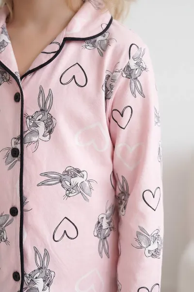 Pudra (4-12 Yaş) Desenli   Uzun Kol  Ön Düğmeli Göz Bandı Detaylı Kız Çocuk Pijama Takım 473650