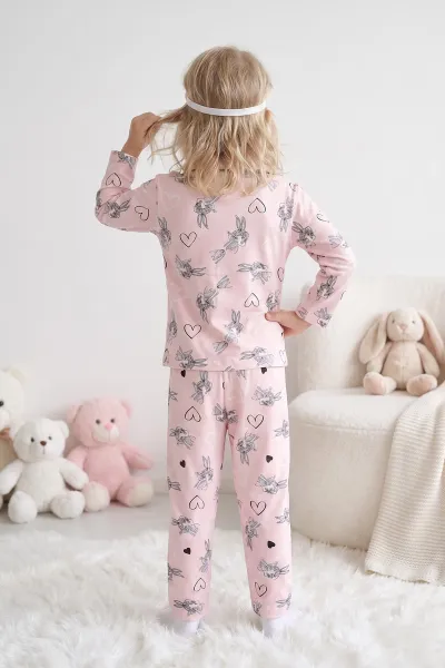 Pudra (4-12 Yaş) Desenli   Uzun Kol  Ön Düğmeli Göz Bandı Detaylı Kız Çocuk Pijama Takım 473650