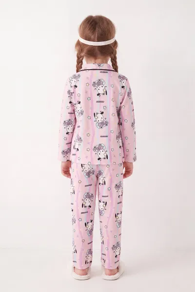 Pudra (4-12 Yaş) Desenli   Uzun Kol  Ön Düğmeli Göz Bandı Detaylı Kız Çocuk Pijama Takım 473656