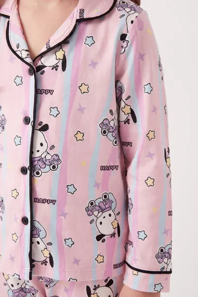 Pudra (4-12 Yaş) Desenli   Uzun Kol  Ön Düğmeli Göz Bandı Detaylı Kız Çocuk Pijama Takım 473656