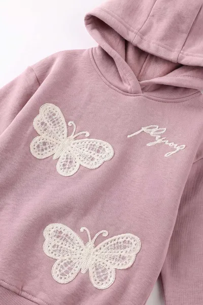 Pudra (4-12 Yaş) Kelebek Süzene Nakışlı İçi Şardonlu Kız Çocuk Sweatshirt 495874