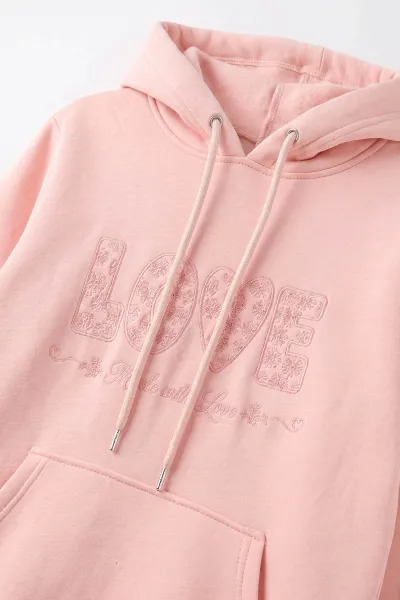 Pudra (4-12 Yaş) Love Nakışlı Kapüşonlu 3 İp Şardonlu Kız Çocuk Sweatshirt 495031