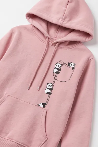 Pudra (4-12 Yaş) Panda Baskılı Kapüşonlu ve Kanguru Cepli 3 İp Şardonlu  Kız Çocuk Sweatshirt 497535