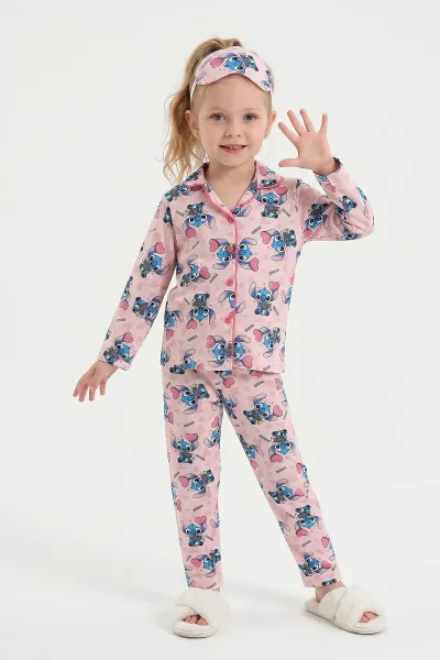 Pudra (4-12 Yaş)Karakter  Desenli   Uzun Kol  Ön Düğmeli Göz Bandı Detaylı Kız Çocuk Pijama Takım 473662