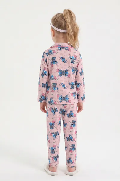 Pudra (4-12 Yaş)Karakter  Desenli   Uzun Kol  Ön Düğmeli Göz Bandı Detaylı Kız Çocuk Pijama Takım 473662