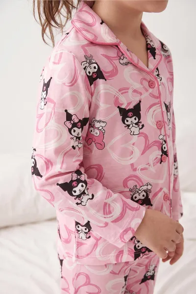 Pembe (4-12 Yaş)Karakter  Desenli   Uzun Kol  Ön Düğmeli Göz Bandı Detaylı Kız Çocuk Pijama Takım 473669