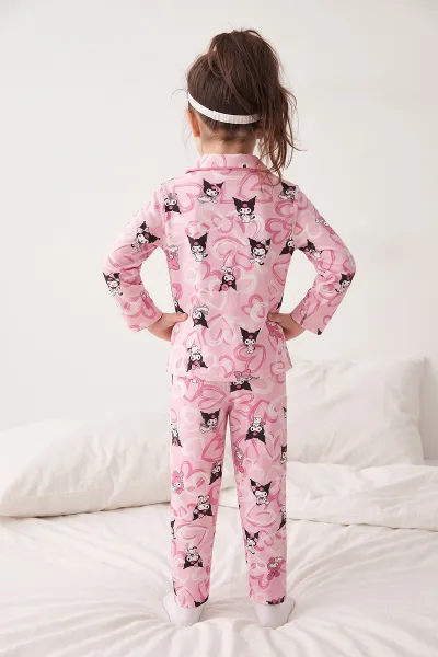 Pembe (4-12 Yaş)Karakter  Desenli   Uzun Kol  Ön Düğmeli Göz Bandı Detaylı Kız Çocuk Pijama Takım 473669