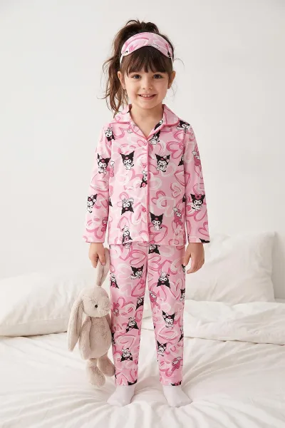 Pembe (4-12 Yaş)Karakter  Desenli   Uzun Kol  Ön Düğmeli Göz Bandı Detaylı Kız Çocuk Pijama Takım 473669