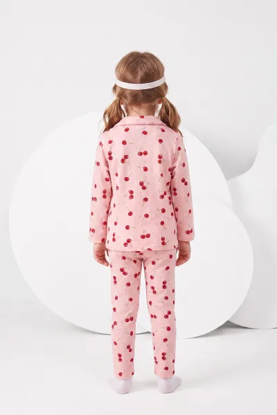 Pudra (4-12 Yaş)Kiraz Desenli   Uzun Kol  Ön Düğmeli  Kız Çocuk Pijama Takım 473994