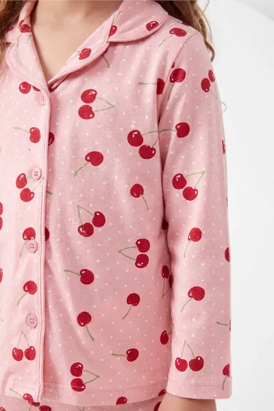 Pudra (4-12 Yaş)Kiraz Desenli   Uzun Kol  Ön Düğmeli  Kız Çocuk Pijama Takım 473994