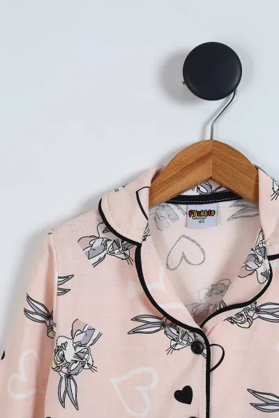 Pudra (4-12 Yaş)Tavşan Baskılı Ön Düğmeli Göz Bandı Detaylı Kız Çocuk Pijama Takım 340423
