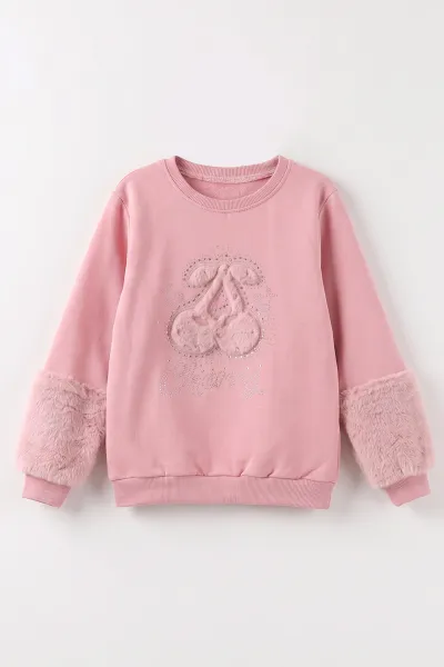 Pudra (5-13 Yaş) Kiraz Nakışlı Taşlı  İçi Şardonlu Kız Çocuk Sweatshirt 487442