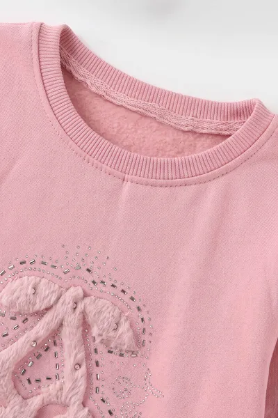 Pudra (5-13 Yaş) Kiraz Nakışlı Taşlı  İçi Şardonlu Kız Çocuk Sweatshirt 487442