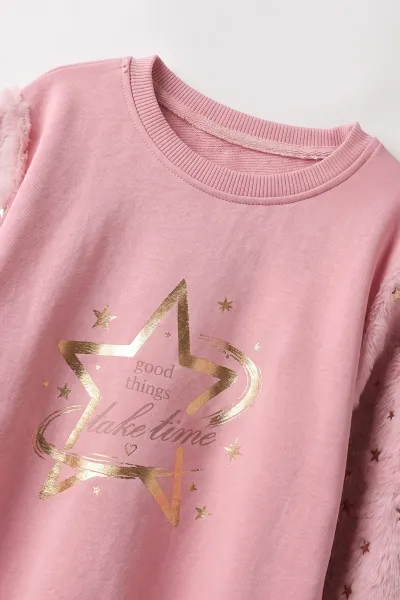 Pudra (5-13 Yaş) Kolu Yıldız Baskılı ve Peluşlu İçi Şardonlu Kız Çocuk Sweatshirt 487445