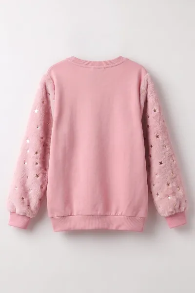 Pudra (5-13 Yaş) Kolu Yıldız Baskılı ve Peluşlu İçi Şardonlu Kız Çocuk Sweatshirt 487445