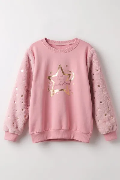 Pudra (5-13 Yaş) Kolu Yıldız Baskılı ve Peluşlu İçi Şardonlu Kız Çocuk Sweatshirt 487445